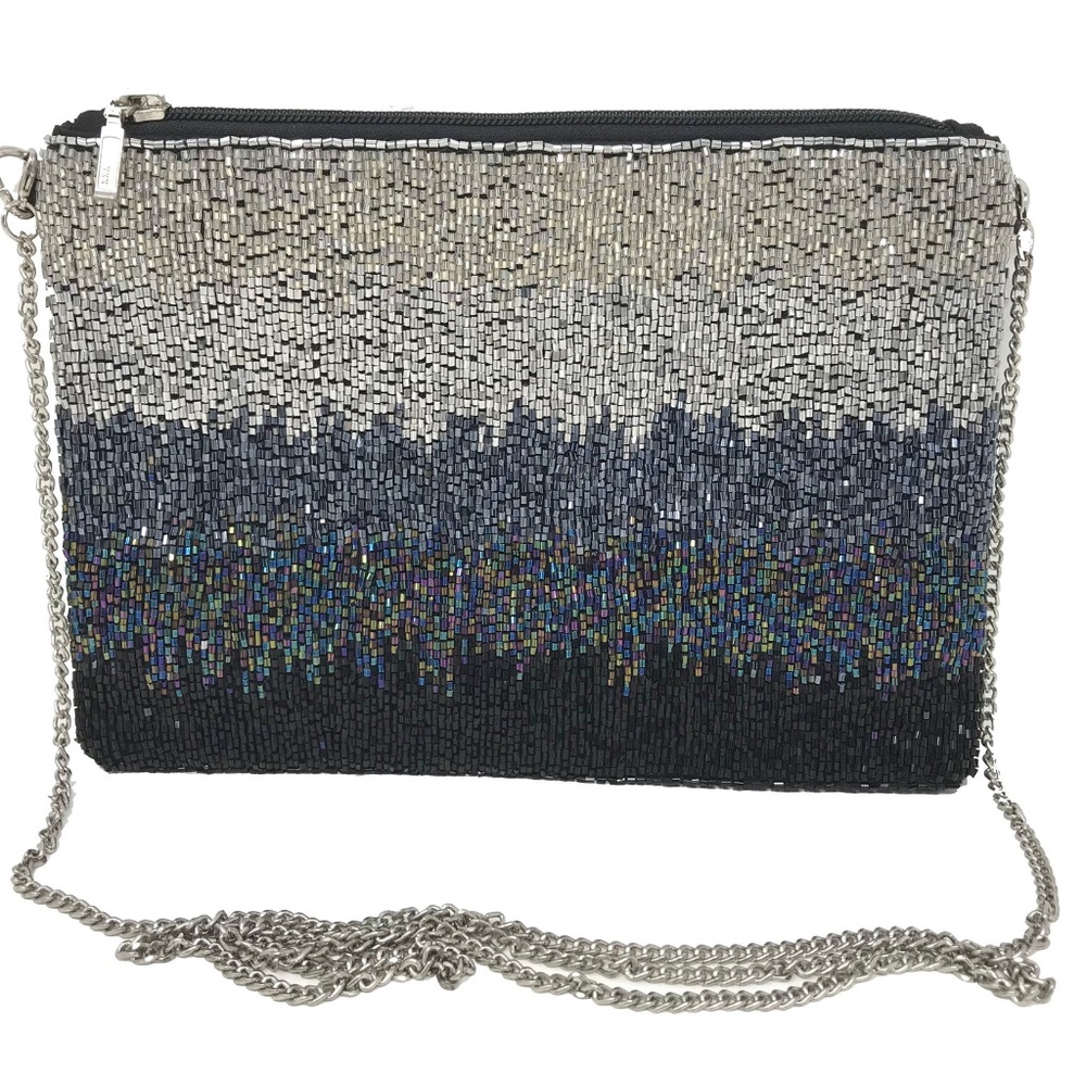Navy Gray Ombre Beaded Sequin Evening Crossbody Handbag with Chain Strap